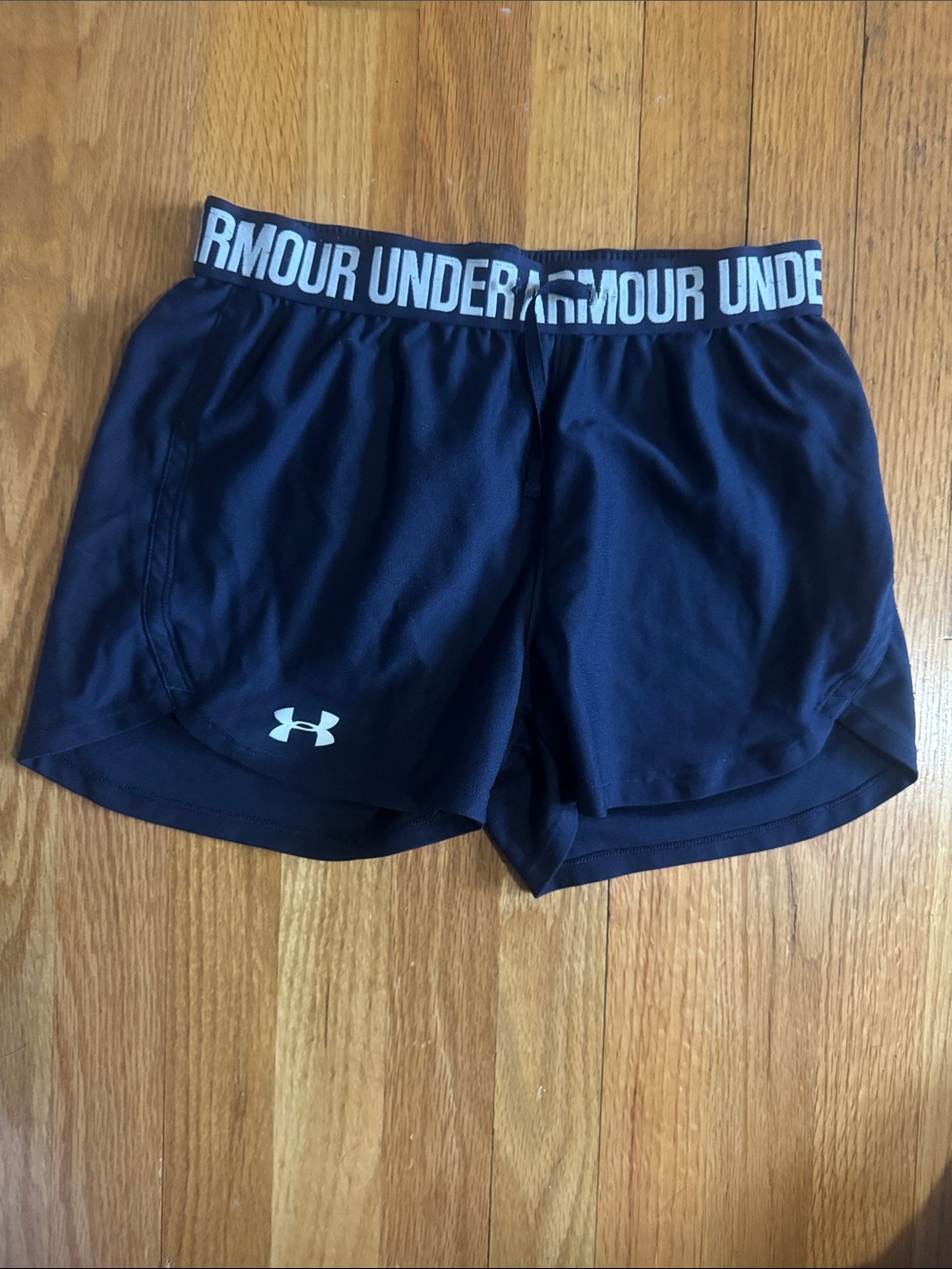Under Armour Navy Blue Women's Athletic Shorts with White Logo Waistband